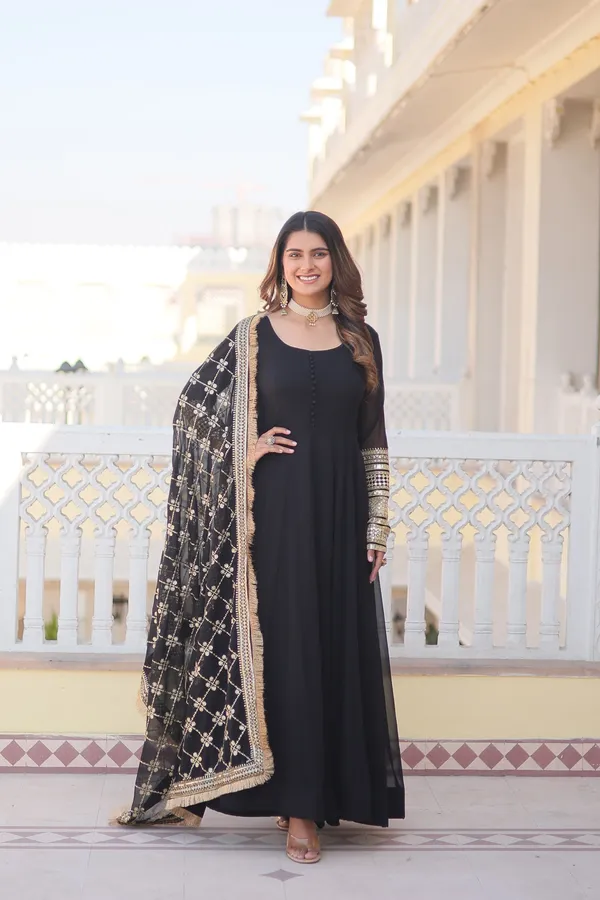 SHIVLISHOP Black Gown With Fancy Sicvance Embroidey Work Dupatta