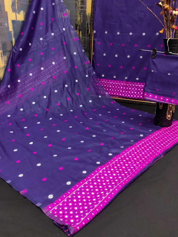 Royal_Blue_Self_Design_Mekhela_Chador_Cotton_Blend_Saree