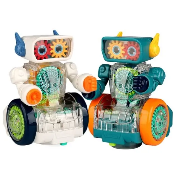 Toys hub Electric Robot Toy Cartoon Transparent Gear Obstacle Avoidance Walking with Lights Music Funny Geared Robot Electronic Doll Children Pack of