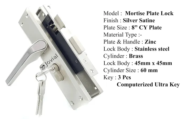 CY-02L_8"_Plate_Mortise_Door_Lock_Handle_Set/Mortise_Lock_with_Brass_Lock_Body_and_60mm_Brass_Cylinder_Set_with_3_Brass_Computerised_Keys(Silver_Satin_Finish)