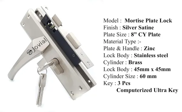 CY-12_-_8"_Plate_Mortise_Door_Lock_Handle_Set/Mortise_Lock_with_Brass_Lock_Body_and_60mm_Brass_Cylinder_Set_with_3_Brass_Computerised_Keys(Silver_Satin_Finish)