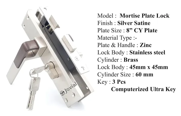 CY-18_-_8"_Plate_Mortise_Door_Lock_Handle_Set/Mortise_Lock_with_Brass_Lock_Body_and_60mm_Brass_Cylinder_Set_with_3_Brass_Computerised_Keys(Silver_Satin_Finish)
