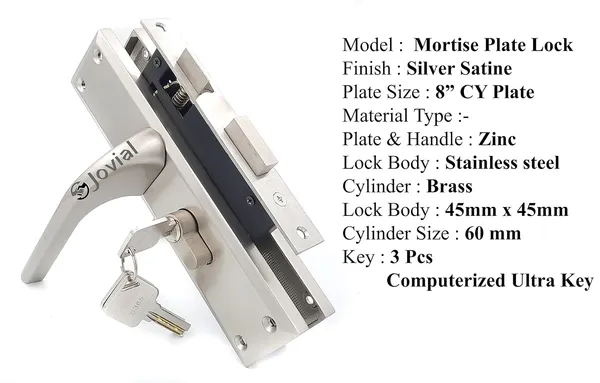 CY-27_-_8"_Plate_Mortise_Door_Lock_Handle_Set/Mortise_Lock_with_Brass_Lock_Body_and_60mm_Brass_Cylinder_Set_with_3_Brass_Computerised_Keys(Silver_Satin_Finish)