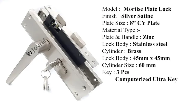 CY-30_-_8"_Plate_Mortise_Door_Lock_Handle_Set/Mortise_Lock_with_Brass_Lock_Body_and_60mm_Brass_Cylinder_Set_with_3_Brass_Computerised_Keys(Silver_Satin_Finish)