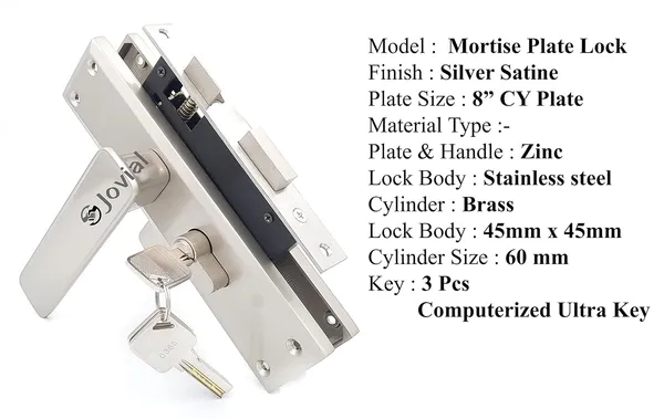 CY-40_-_8"_Plate_Mortise_Door_Lock_Handle_Set/Mortise_Lock_with_Brass_Lock_Body_and_60mm_Brass_Cylinder_Set_with_3_Brass_Computerised_Keys(Silver_Satin_Finish)