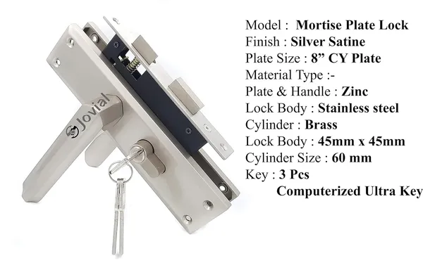CY-43_-_8"_Plate_Mortise_Door_Lock_Handle_Set/Mortise_Lock_with_Brass_Lock_Body_and_60mm_Brass_Cylinder_Set_with_3_Brass_Computerised_Keys(Silver_Satin_Finish)