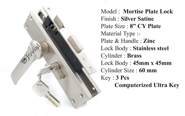 CY-44_-_8"_Plate_Mortise_Door_Lock_Handle_Set/Mortise_Lock_with_Brass_Lock_Body_and_60mm_Brass_Cylinder_Set_with_3_Brass_Computerised_Keys(Silver_Satin_Finish)