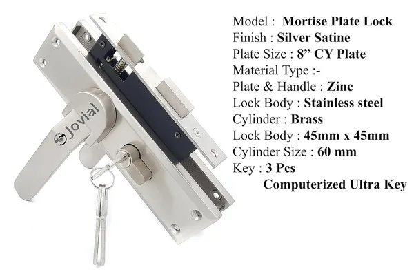 CY-45_-_8"_Plate_Mortise_Door_Lock_Handle_Set/Mortise_Lock_with_Brass_Lock_Body_and_60mm_Brass_Cylinder_Set_with_3_Brass_Computerised_Keys(Silver_Satin_Finish)