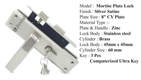 CY-49_-_8"_Plate_Mortise_Door_Lock_Handle_Set_with_Brass_Lock_Body_and_60mm_Brass_Cylinder_Set_with_3_Brass_Computerised_Keys/Zinc_Alloy_(Silver_Satin_Finish)