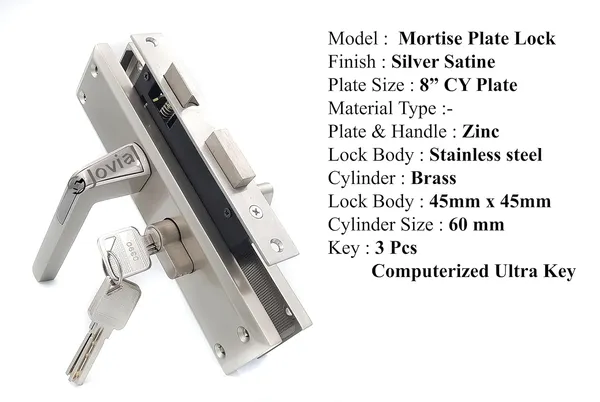 CY-50_-_8"_Plate_Mortise_Door_Lock_Handle_Set/Mortise_Lock_with_Brass_Lock_Body_and_60mm_Brass_Cylinder_Set_with_3_Brass_Computerised_Keys(Silver_Satin_Finish)
