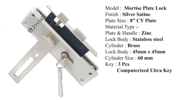 CY-52_-_8"_Plate_Mortise_Door_Lock_Handle_Set/Mortise_Lock_with_Brass_Lock_Body_and_60mm_Brass_Cylinder_Set_with_3_Brass_Computerised_Keys(Silver_Satin_Finish)