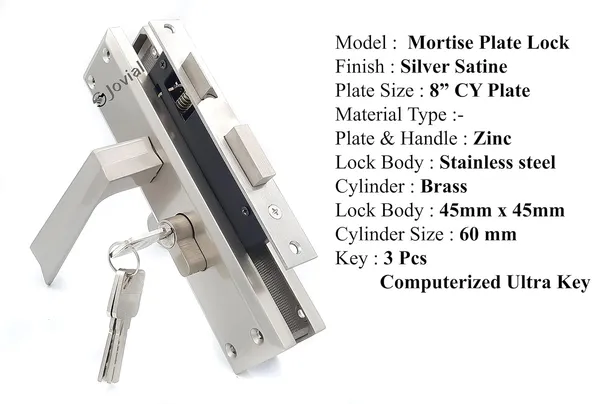 CY-53_-_8"_Plate_Mortise_Door_Lock_Handle_Set/Mortise_Lock_with_Brass_Lock_Body_and_60mm_Brass_Cylinder_Set_with_3_Brass_Computerised_Keys(Silver_Satin_Finish)