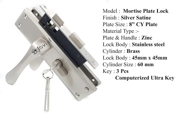 CY-54_-_8"_Plate_Mortise_Door_Lock_Handle_Set/Mortise_Lock_with_Brass_Lock_Body_and_60mm_Brass_Cylinder_Set_with_3_Brass_Computerised_Keys(Silver_Satin_Finish)