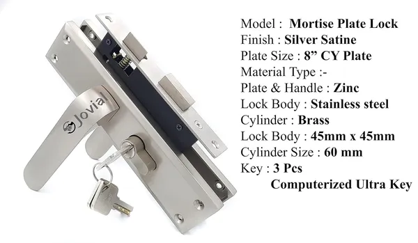 CY-56_-_8"_Plate_Mortise_Door_Lock_Handle_Set/Mortise_Lock_with_Brass_Lock_Body_and_60mm_Brass_Cylinder_Set_with_3_Brass_Computerised_Keys(Silver_Satin_Finish)