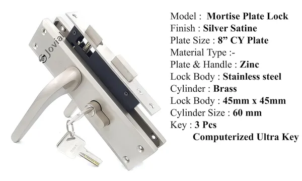 CY-57_-_8"_Plate_Mortise_Door_Lock_Handle_Set/Mortise_Lock_with_Brass_Lock_Body_and_60mm_Brass_Cylinder_Set_with_3_Brass_Computerised_Keys(Silver_Satin_Finish)