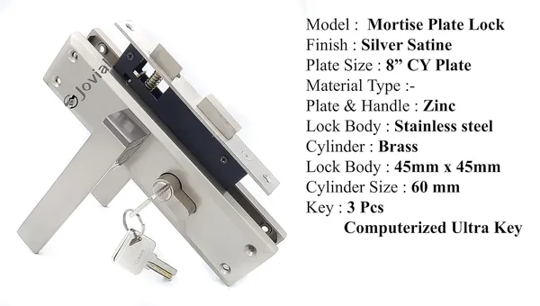 CY-58_-_8"_Plate_Mortise_Door_Lock_Handle_Set/Mortise_Lock_with_Brass_Lock_Body_and_60mm_Brass_Cylinder_Set_with_3_Brass_Computerised_Keys(Silver_Satin_Finish)