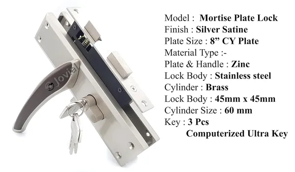 CY-Sigma_-_8"_Plate_Mortise_Door_Lock_Handle/Mortise_Lock_with_Brass_Lock_Body_and_60mm_Brass_Cylinder_Set_with_3_Brass_Computerised_Keys_(Silver_Satin_Finish)