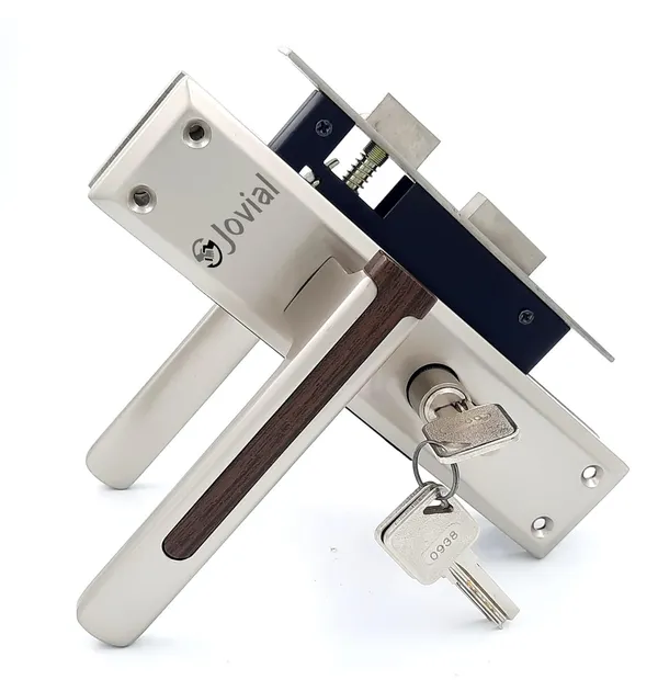 CY-VIVON-P_-_8"_Plate_Mortise_Door_Lock_Handle_Set/Mortise_Lock_with_Brass_Lock_Body_and_60mm_Brass_Cylinder_Set_with_3_Brass_Computerised_Keys(Satin_Wood_Finish)
