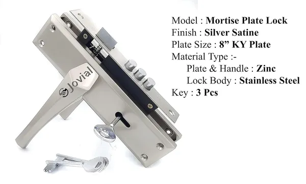KY-12_-_8"_Plate_Mortise_Door_Lock_Handle_Set/Mortise_Lock_with_Brass_Lock_Body_and_3_Pcs_Keys(Silver_Satin_Finish)