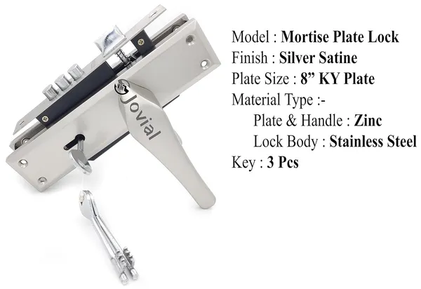 KY-13_-_8"_Plate_Mortise_Door_Lock_Handle_Set/Mortise_Lock_with_Brass_Lock_Body_and_3_Pcs_Keys(Silver_Satin_Finish)