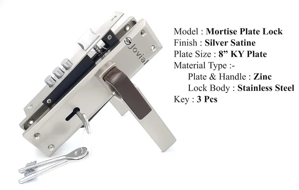 KY-18_-_8"_Plate_Mortise_Door_Lock_Handle_Set/Mortise_Lock_with_Brass_Lock_Body_and_3_Pcs_Keys(Silver_Satin_Finish)