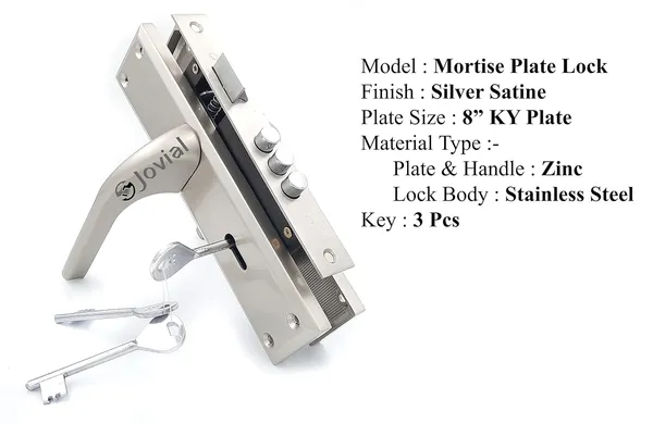 KY-27_-_8"_Plate_Mortise_Door_Lock_Handle_Set/Mortise_Lock_with_Brass_Lock_Body_and_3_Pcs_Keys(Silver_Satin_Finish)