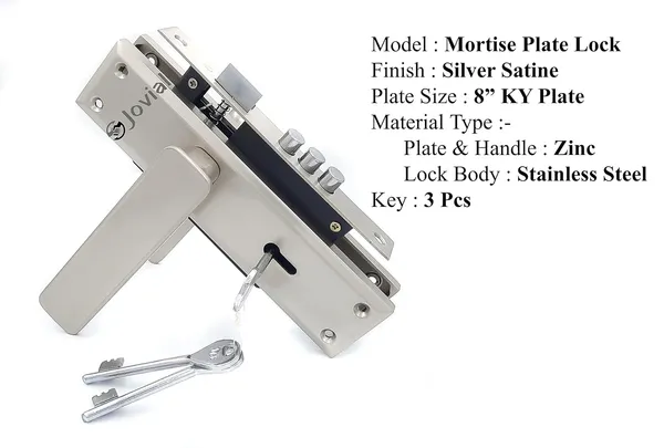 KY-40_-_8"_Plate_Mortise_Door_Lock_Handle_Set/Mortise_Lock_with_Brass_Lock_Body_and_3_Pcs_Keys(Silver_Satin_Finish)