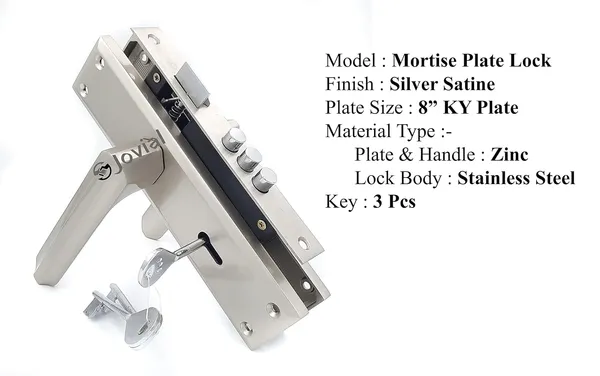 KY-43_-_8"_Plate_Mortise_Door_Lock_Handle_Set/Mortise_Lock_with_Brass_Lock_Body_and_3_Pcs_Keys(Silver_Satin_Finish)