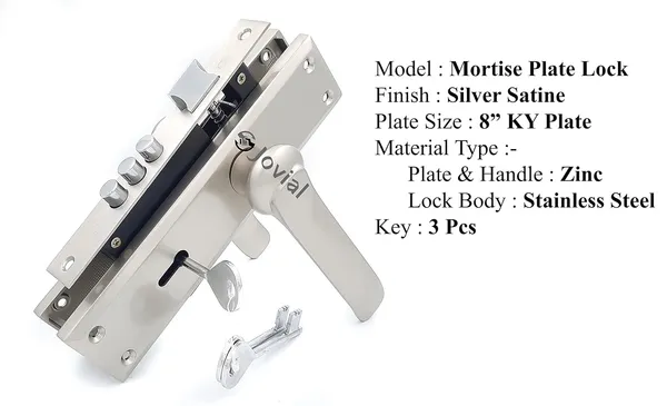 KY-44_-_8"_Plate_Mortise_Door_Lock_Handle_Set/Mortise_Lock_with_Brass_Lock_Body_and_3_Pcs_Keys(Silver_Satin_Finish)