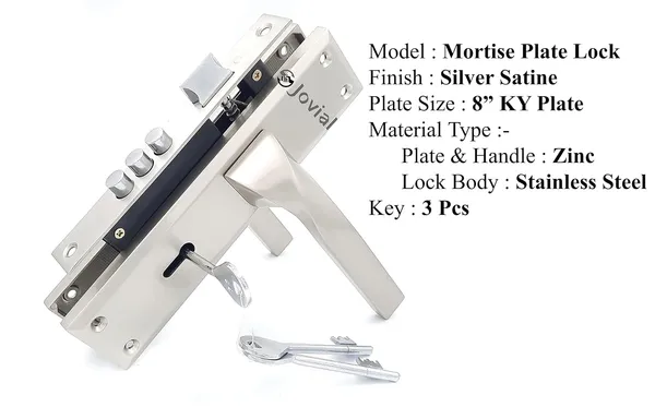 KY-48_-_8"_Plate_Mortise_Door_Lock_Handle_Set/Mortise_Lock_with_Brass_Lock_Body_and_3_Pcs_Keys(Silver_Satin_Finish)