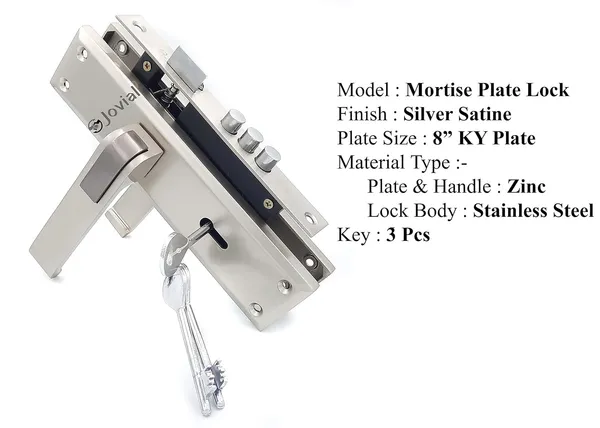 KY-49_-_8"_Plate_Mortise_Door_Lock_Handle_Set/Mortise_Lock_with_Brass_Lock_Body_and_3_Pcs_Keys(Silver_Satin_Finish)