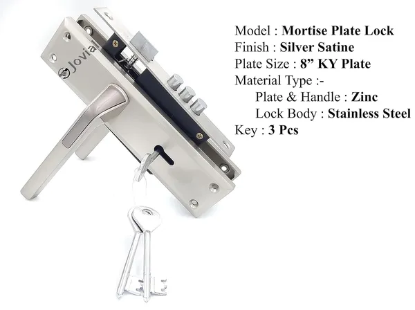 KY-50_-_8"_Plate_Mortise_Door_Lock_Handle_Set/Mortise_Lock_with_Brass_Lock_Body_and_3_Pcs_Keys(Silver_Satin_Finish)