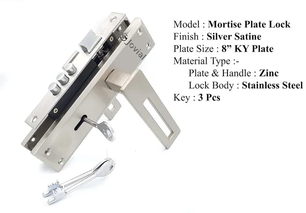 KY-52_-_8"_Plate_Mortise_Door_Lock_Handle_Set/Mortise_Lock_with_Brass_Lock_Body_and_3_Pcs_Keys(Silver_Satin_Finish)
