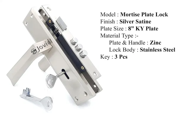 KY-53_-_8"_Plate_Mortise_Door_Lock_Handle_Set/Mortise_Lock_with_Brass_Lock_Body_and_3_Pcs_Keys(Silver_Satin_Finish)