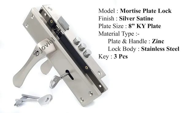 KY-54_-_8"_Plate_Mortise_Door_Lock_Handle_Set/Mortise_Lock_with_Brass_Lock_Body_and_3_Pcs_Keys(Silver_Satin_Finish)