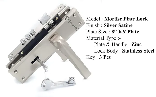 KY-55_-_8"_Plate_Mortise_Door_Lock_Handle_Set/Mortise_Lock_with_Brass_Lock_Body_and_3_Pcs_Keys(Silver_Satin_Finish)
