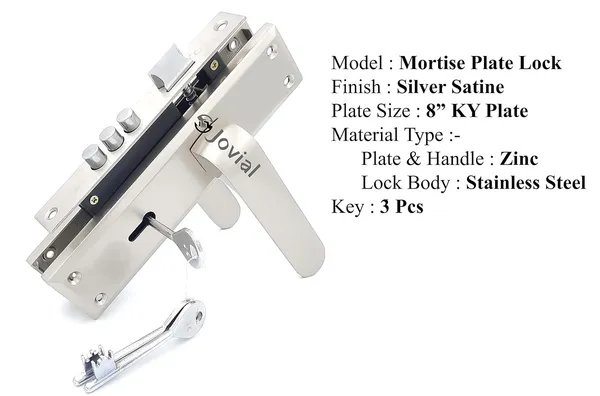 KY-56_-_8"_Plate_Mortise_Door_Lock_Handle_Set/Mortise_Lock_with_Brass_Lock_Body_and_3_Pcs_Keys(Silver_Satin_Finish)