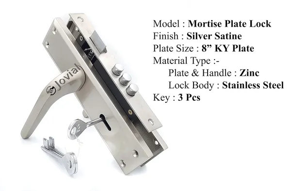 KY-57_-_8"_Plate_Mortise_Door_Lock_Handle_Set/Mortise_Lock_with_Brass_Lock_Body_and_3_Pcs_Keys(Silver_Satin_Finish)