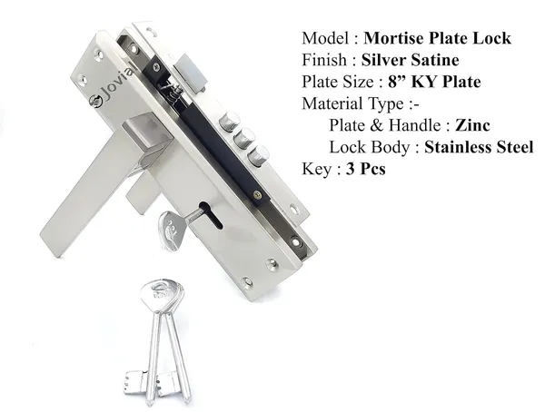 KY-58_-_8"_Plate_Mortise_Door_Lock_Handle_Set/Mortise_Lock_with_Brass_Lock_Body_and_3_Pcs_Keys(Silver_Satin_Finish)