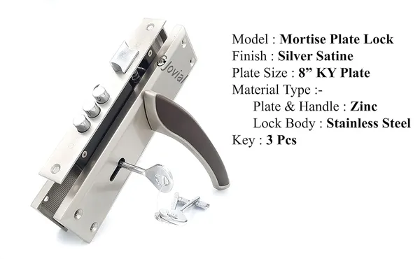 KY-Sigma_-_8"_Plate_Mortise_Door_Lock_Handle_Set/Mortise_Lock_with_Brass_Lock_Body_and_3_Pcs_Keys(Silver_Satin_Finish)