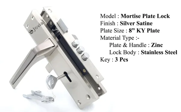 KY-51_-_8"_Plate_Mortise_Door_Lock_Handle_Set/Mortise_Lock_with_Brass_Lock_Body_and_3_Pcs_Keys(Silver_Satin_Finish)