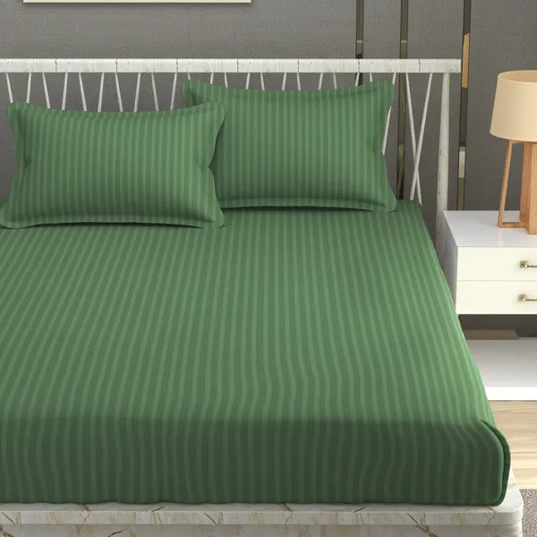 160_TC_Stripe_Glace_Cotton_Double_BedSheet_with_2_Pillow_Covers_-_(90x90_inches)_-_Dark_Green