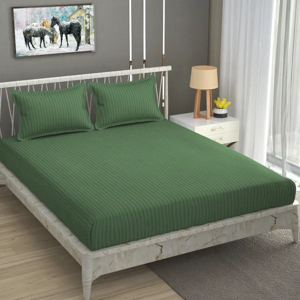 160_TC_Stripe_Glace_Cotton_Double_BedSheet_with_2_Pillow_Covers_-_(90x90_inches)_-_Dark_Green
