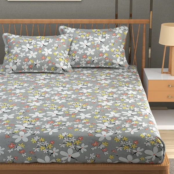 180_TC_Double_BedSheet_with_2_Pillow_Covers_-_(90x90_inches)_-_Light_Grey,_Floral