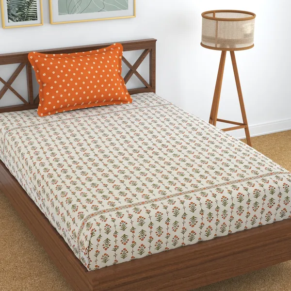 White_210_TC_Glace_Cotton_Single_Floral_Flat_Bedsheet_(Pack_of_1,_White,_Orange)
