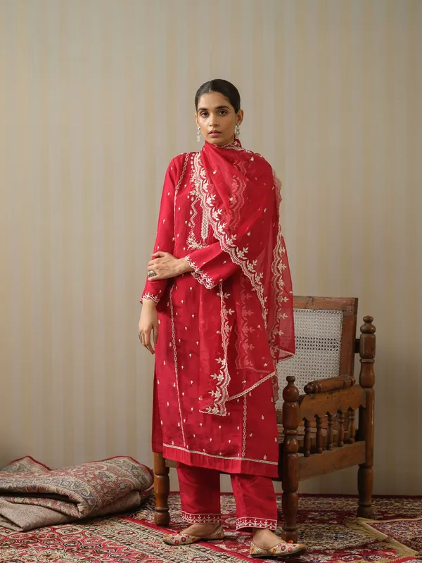 Red_Woven_Design__Straight_Kurta_and_Trousers_With_Dupatta
