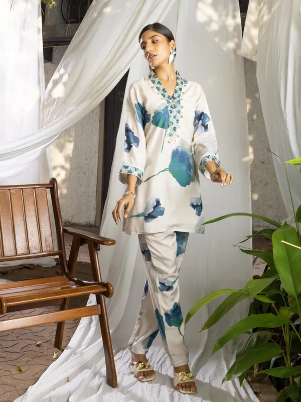 Off_White_&_Sea_Green_Printed_Regular_Party_Shawl_Neck_Top_and_Trousers