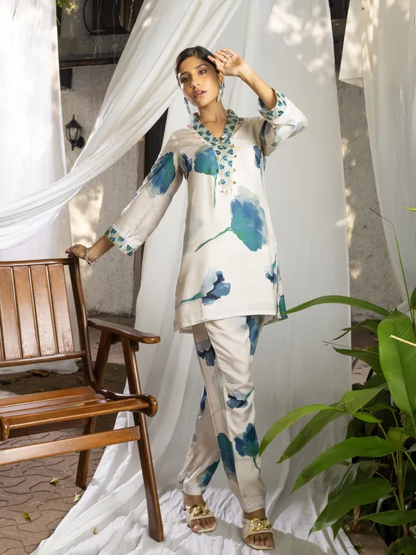 Off_White_&_Sea_Green_Printed_Regular_Party_Shawl_Neck_Top_and_Trousers