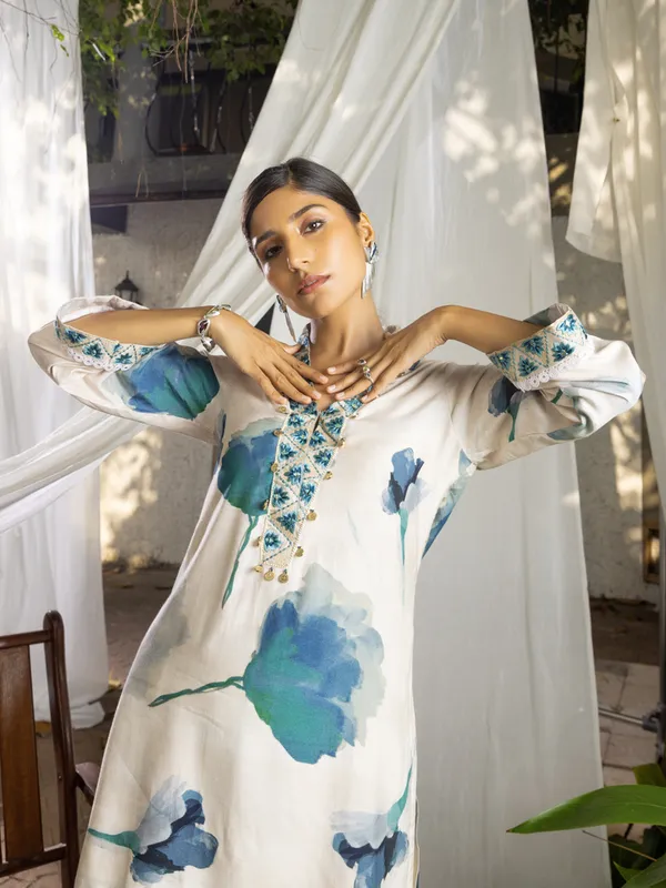 Off_White_&_Sea_Green_Printed_Regular_Party_Shawl_Neck_Top_and_Trousers