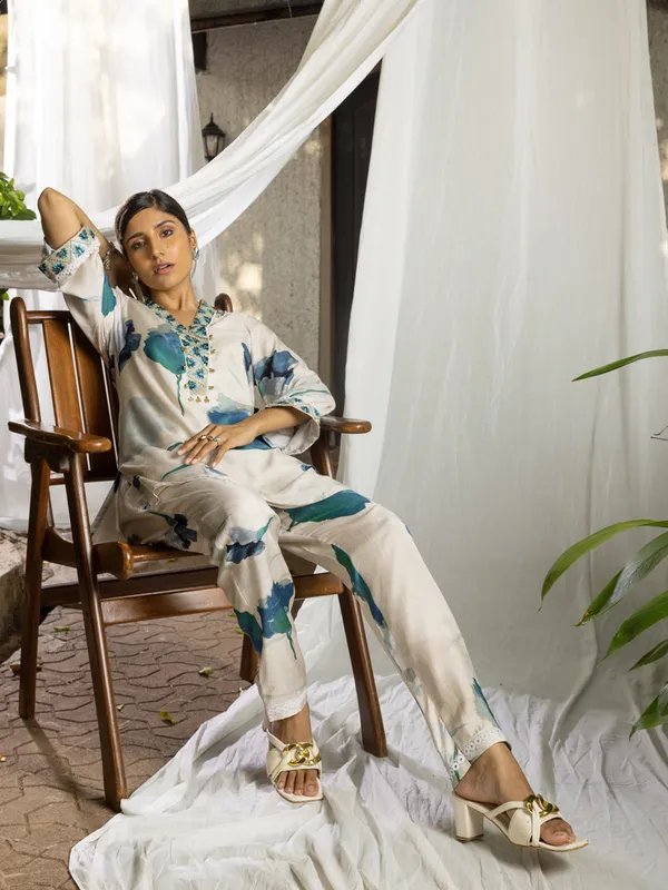 Off_White_&_Sea_Green_Printed_Regular_Party_Shawl_Neck_Top_and_Trousers